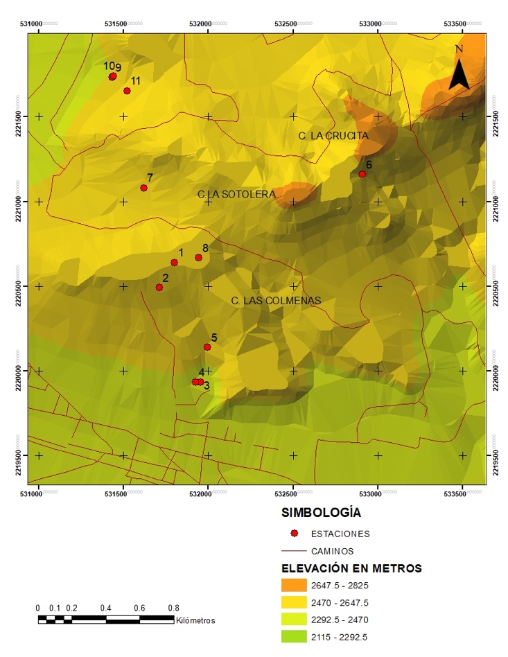 Modelo digital de elevación mostrando la ubicación de las estaciones de campo y de los cerros La Sotolera Crucita y Las Colmenas
