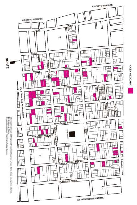 Figura 10: Ubicación de la
Tipología de la Casa Méxicana en la muestra de estudio. Traza obtenida del
Programa Parcial de Desarrollo Urbano Santa María Insurgentes, Atlampa, Santa
María la Ribera, de la Delegación Cuahutemoc (2000). Dibujo elaborado por Ana
Miriam Roldán Garcés