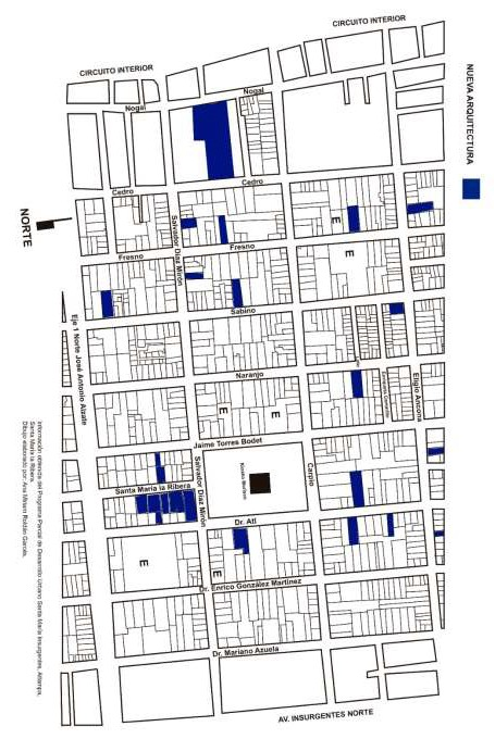 Figura11. Ubicación de las
Nuevas Propuestas Arquitectónicas Habitacionales. Traza obtenida del Programa
Parcial de Desarrollo Urbano Santa María Insurgentes, Atlampa, Santa María la
Ribera, de la Delegación Cuahutemoc (2000). Dibujo
elaborado por Ana Miriam Roldán Garcés.