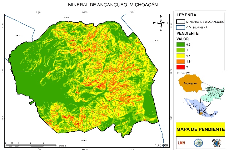 Figura
2: Mapa de puntuación de peligro para el factor de pendiente topográfica. Las
zonas en rojo indican mayor susceptibilidad a deslizamientos; y las zonas
verdes, lo opuesto.