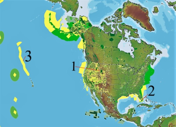 Mapa de las ANP´s de Estados Unidos mencionadas 1 Parque Nacional de Yellowstone 2) Parque Nacional de los Everglades y 3) Monumento Nacional Marino de Papahānaumokuākea