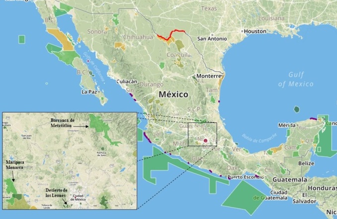 Áreas naturales protegidas de México. En el recuadro se
resaltan el Parque Nacional Desierto de los Leones, La Reserva de Biósfera Mariposa Monarca y la Reserva de la
Biósfera Barranca de Metztitlán.
