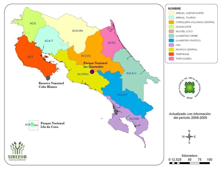 Mapa de Costa Rica con la división de
sus 11 áreas conservación y señalando con puntos la ubicación de las ANP´s, en
morado el Parque Nacional los Quetzales, en Gris la Reserva Nacional Absoluta
Cabo Blanco y en verde el Parque Nacional Isla de Cocos. 