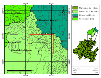 Mapa de localización de la Zona Mineralizada Dos Carlos el rectángulo en rojo indica la zona estudiada