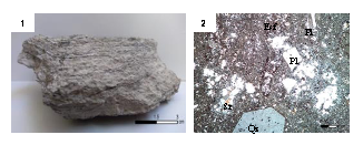 1 Tefra de composición dacítica 2 Microfotografía con campo de visión en aumento 4x101P ∞ XLP mostrando cristales anhedrales de cuarzo microcristales de cuarzo granos de plagioclasa con macla polisintética sericita y esferulitas Pl plagioclasa Qz cuarzo Sr sericita Esf esferulitas