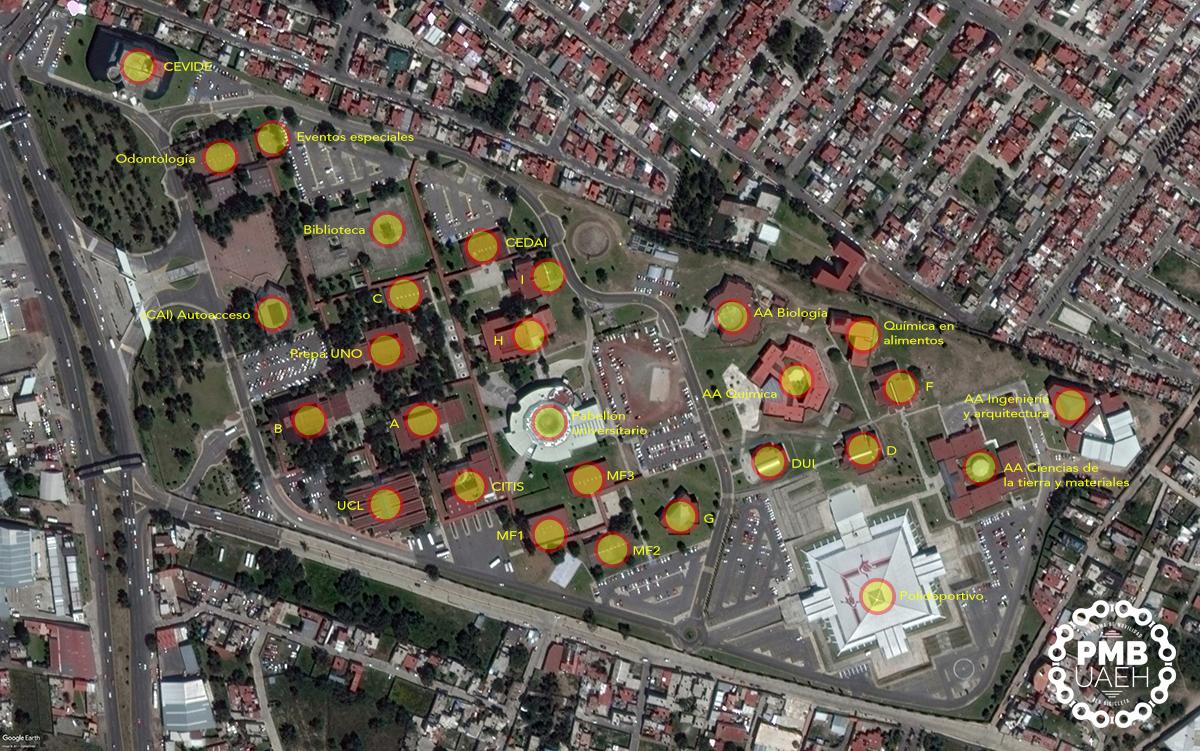 Figura
1: Mapa de ubicación de los edificios al interior de Ciudad del Conocimiento de
la UAEH en el Municipio de Mineral de la Reforma, Hidalgo.