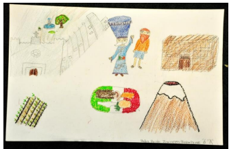 Elementos del patrimonio cultural perceptible
en un niño de 11 años de 6° de primaria, contiene aspectos del paisaje cultural
natural como el volcán Popocatépetl, patrimonio edificado, convento de san Juan
Bautista del Siglo XVI, patrimonio cultural inmaterial: El brinco del Chinelo y
el plato típico: La cecina de Yecapixtla, pueblo en donde se realizó la
muestra.  

 
