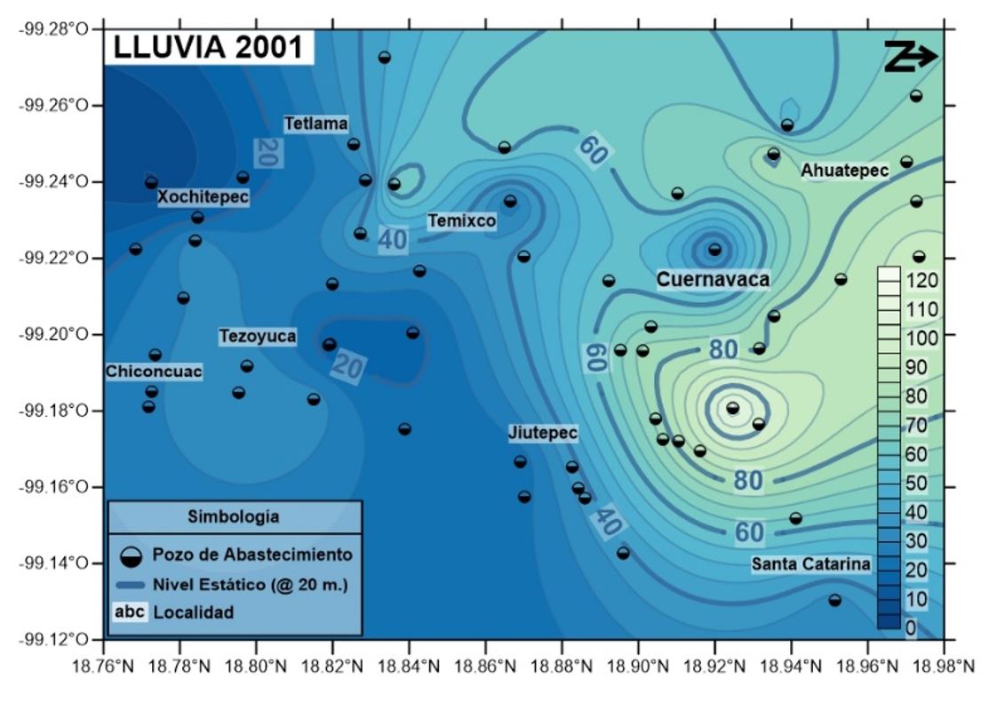 Figura 6a). Configuración de
la profundidad en el nivel estático durante la temporada de lluvia. Año 2001.