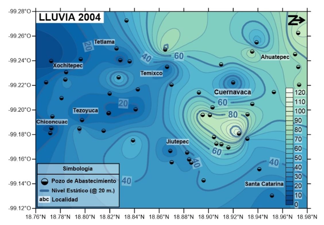 Figura 6b). Configuración de la profundidad en
el nivel estático durante la temporada de lluvia. Año 2004.