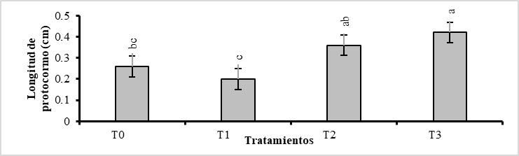 Prueba de Tukey
(P<0,01), para la longitud de protocormo (cm) de Phragmipedium kovachii,
considerando el promedio general de las seis fechas de evaluación (cada quince
días), donde las letras diferentes difieren estadísticamente entre sí