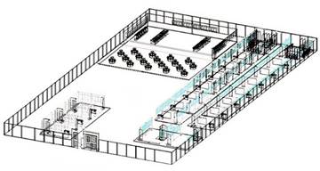 Visión isométrica de la escuela en modelo 2D y 3D