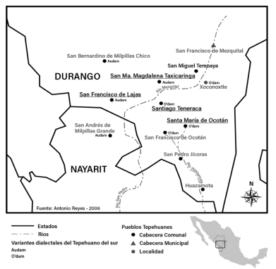 Mapa 1. Localización geográfica de las comunidades tepehuanas de
Durango y Nayarit (Modificado de Reyes Valdez 2007:10)

 