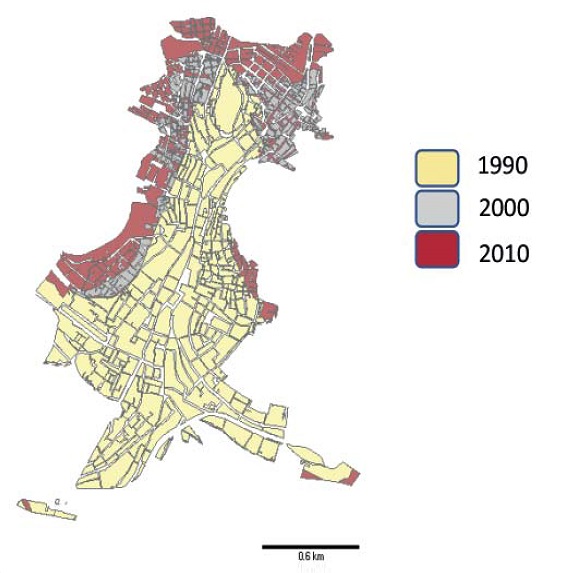 Densidad de vivienda en el Centro histórico de Zacatecas, 1990-2010