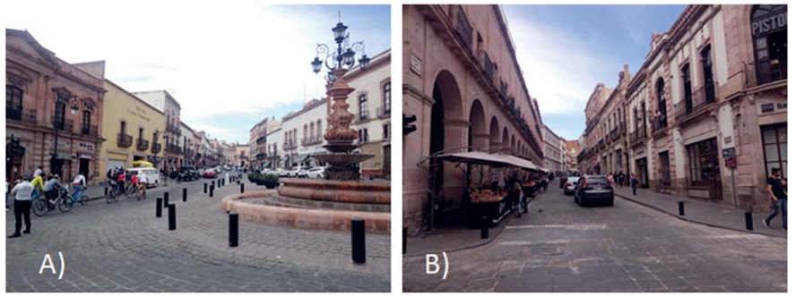 Calles del Centro Histórico de Zacatecas, (A) calle Tacuba, (B) avenida Hidalgo