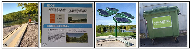 (a)
Infraestructura adaptada a personas con movilidad reducida o impedida en
balneario Sandra Canale. (b) Carteler&iacute;a con informaci&oacute;n del medio f&iacute;sico en
balneario La Herradura. (c) Paneles solares en Paseo de la Costa. (d)
Separaci&oacute;n de residuos s&oacute;lidos urbanos en Sandra Canale.