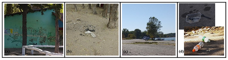 (a)
Vandalismo en Nepen Hue. (b) Rastros de fuego en zonas no habilitadas en
Valentina Brun de Duclout. (c) Autom&oacute;viles en &aacute;reas de acceso restringido. (d)
Residuos mal dispuestos en Paseo de la Costa. 

 