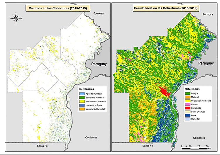 Mapa
de cambios (izquierda) y persistencia (derecha) en las coberturas de la tierra
entre 2015 y 2019.
