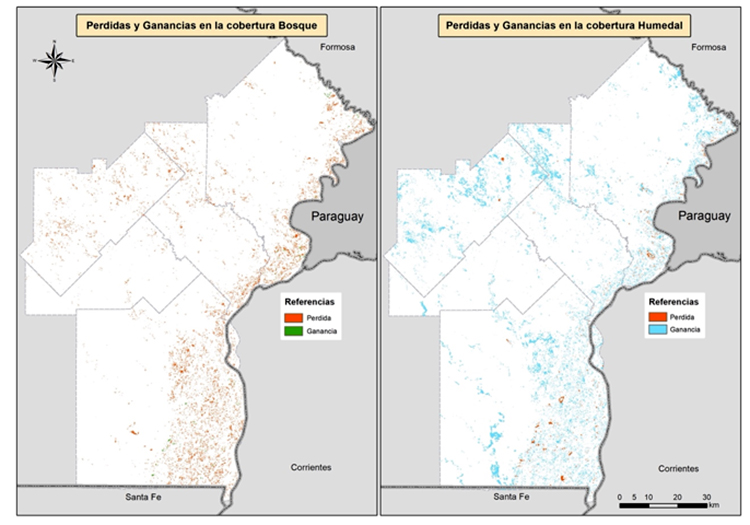 Mapa
de pérdidas y ganancias en las coberturas Bosque (izquierda) y Humedal
(derecha) entre 2015 y 2019.