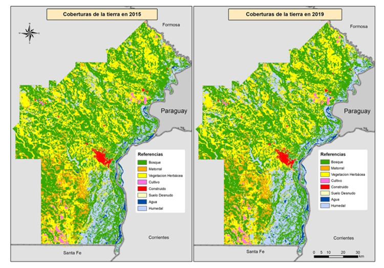 Junto
coberturas de la tierra para los años 2015 (derecha, arriba) y 2019 (derecha,
abajo).