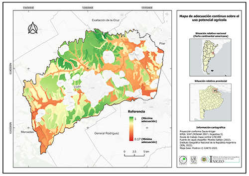 Mapa de
adecuación continuo sobre el uso potencial agrícola en la cuenca media del río
Luján.