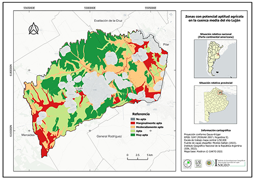 Mapa de zonas
con potencial aptitud agrícola en la cuenca media del río Luján.
