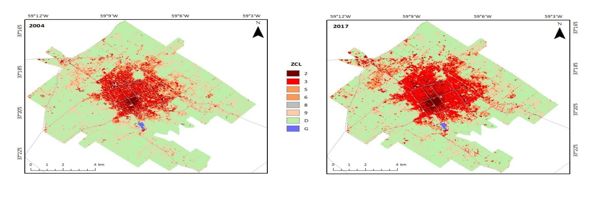 Mapas de Zonas Clim&aacute;ticas Locales 2004 y 2017, ciudad de Tandil.