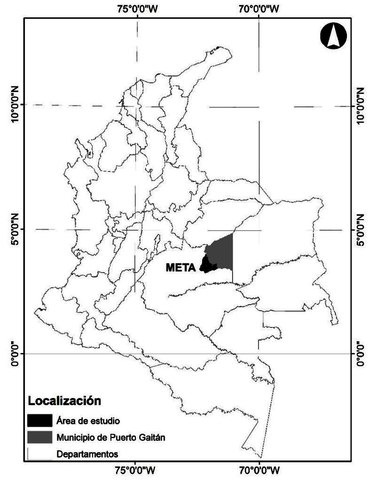 Localización del área de estudio de las veredas Comejenal, Los Kioscos y Tillava en el municipio de
Puerto Gaitán, departamento de Meta en Colombia