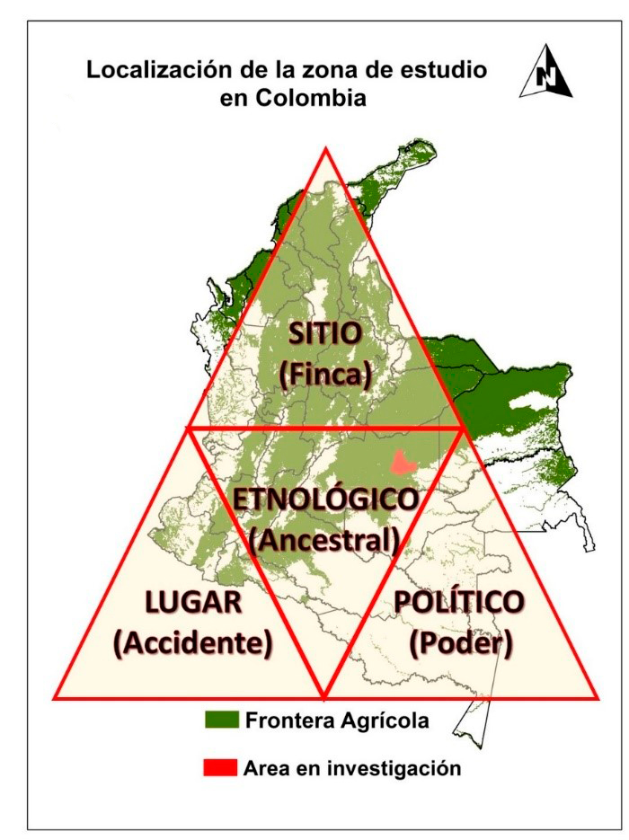 Frontera
agrícola colombiana, área de estudio y triángulo para identificar los topónimos