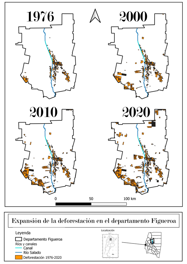 Cuatro momentos de
expansión de la deforestación en el Departamento Figueroa para el período 1976
a 2020.