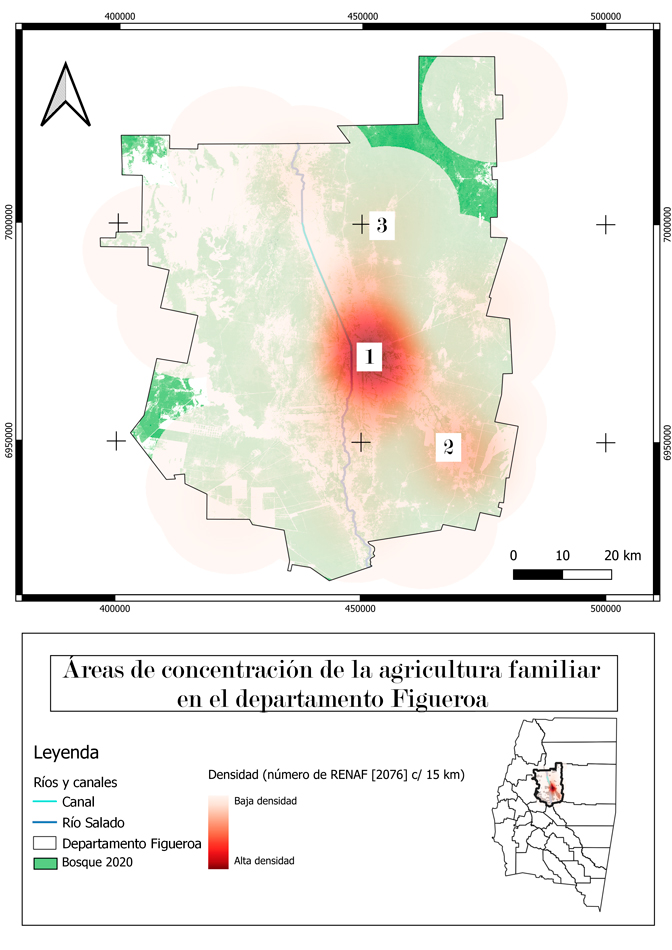 Áreas de concentración de la
agricultura familiar a partir de la georeferenciación de las 2.076 encuestas
del RENAF.