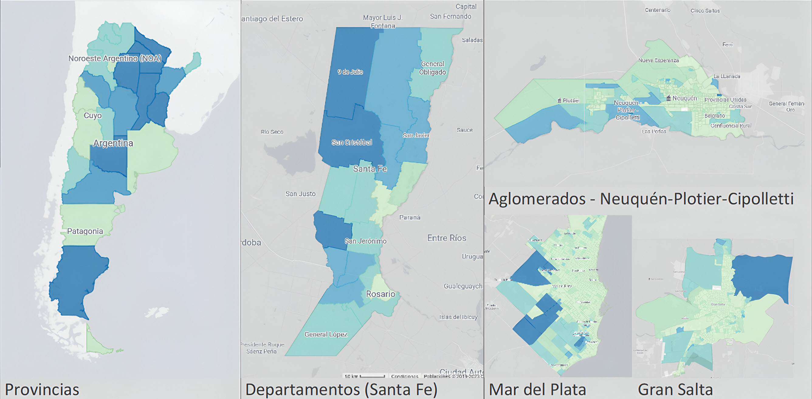 Hogares
con acceso al transporte público a menos de 300 metros. Argentina 2010. Muestra
ilustrativa de la información censal georreferenciada por radios urbanos y
rurales, vista a nivel provincial, departamental (Santa Fe) y por aglomerado
(Neuquén-Plotier-Cipolletti, Mar del Plata, Gran Salta).