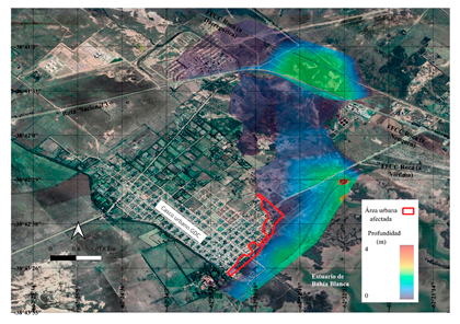 Área urbana comprometida y
profundidades simuladas de inundación para tormentas de recurrencia 5 años en
el anillo de GDC con efecto de marea.