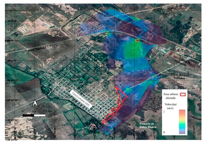 Área urbana comprometida y
velocidades simuladas de inundación para tormentas de recurrencia 5 años en el
anillo de GDC con efecto de marea.