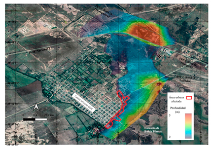 Área urbana comprometida y
profundidades de inundación simuladas para tormentas de recurrencia 10 años en
el anillo de GDC sin efecto de marea.
