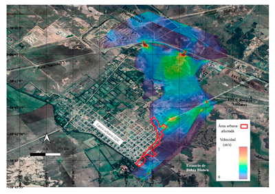 Área urbana comprometida y
velocidades de inundación simuladas para tormentas de recurrencia 10 años en el
anillo de GDC con efecto de marea.