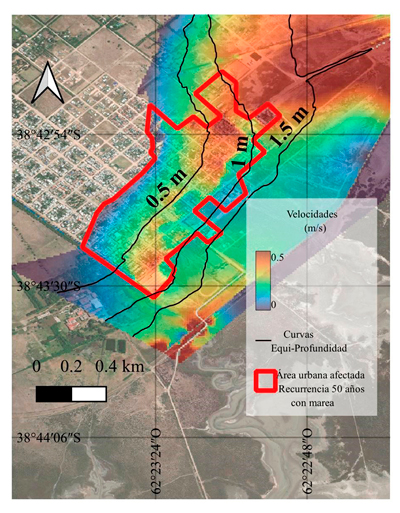 Detalle de la zona de inundación
para tormentas de recurrencia 50 años con efecto de marea, con velocidades y
profundidades de inundación.