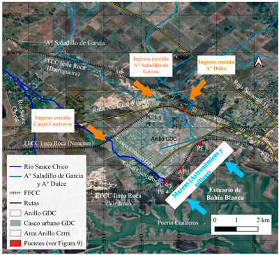 Amenazas
de inundación en la zona del anillo de GDC y estructuras que permiten el
ingreso y egreso de las crecidas y mareas.