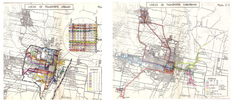 Recorridos
  de líneas de transporte urbano y suburbano, año 1990
