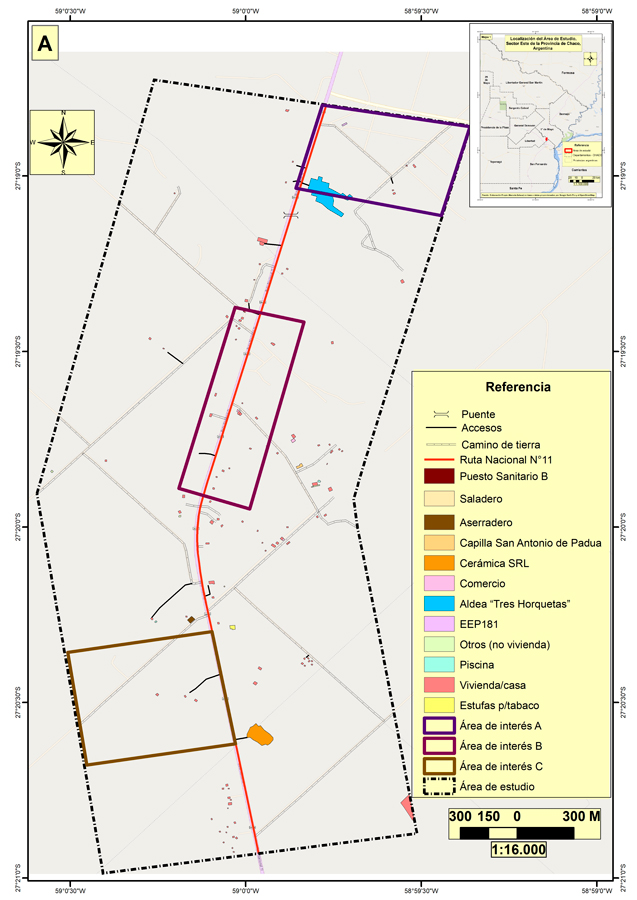 Superficie construida e infraestructura vial en el paraje Tres
Horquetas, Chaco - A&ntilde;o 2002.