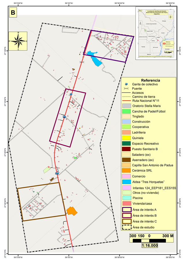 Superficie construida e infraestructura vial en el paraje Tres
Horquetas, Chaco - A&ntilde;o 2022.