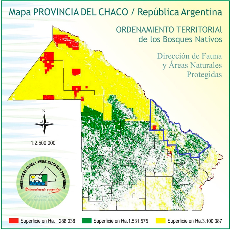 Ubicación del departamento Libertador General San Martín, sobre mapa del Ordenamiento Territorial de Bosques Nativos de la  Dirección de Fauna y Áreas Protegidas de la Provincia del Chaco. Recuperado de: (https://acortar.link/d0Tpw6)
