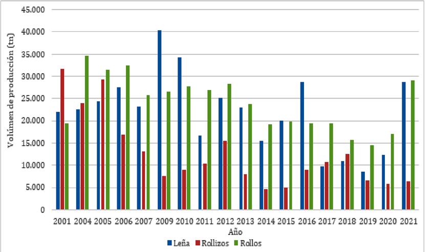 Composición de la producción maderera por categoría (excepto postes) - En toneladas (Período 2001/21).