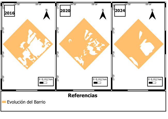 Evoluci&oacute;n de la expansi&oacute;n del Barrio Rubita, para los a&ntilde;os 2016, 2020 y 2024.
