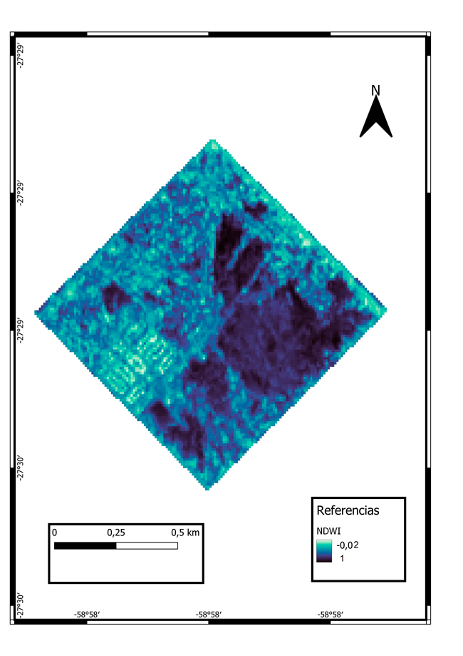 &Iacute;ndice de Diferencia Normalizada del Agua [NDWI], para el Barrio La Rubita, a&ntilde;o 2019.