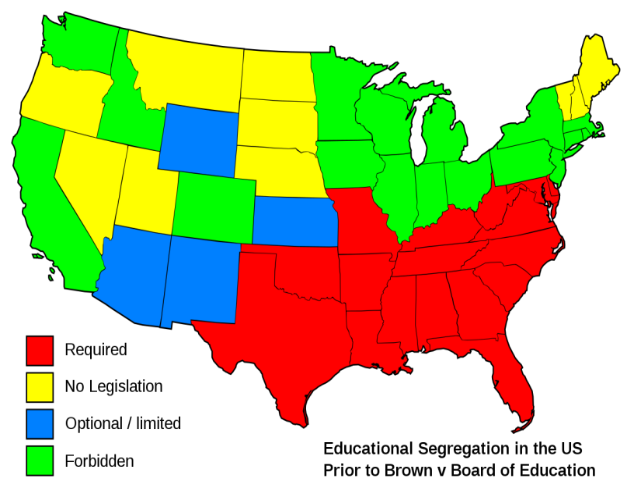 Racial Segregation in American Public Schools: In red, states that had such explicit racial separation laws