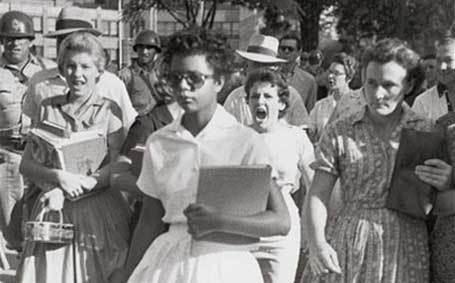 Elizabeth Eckford on her first day at Central High. &ldquo;When Elizabeth approached the school, the crowd was furious. Someone was yelling at a mass segregationist &lsquo;Linchem her. Lynch her. &lsquo;The crowd chanted,&rsquo; No black bitches will enter our school. Sweep this tree. Let&rsquo;s take care of the black sake&rdquo;.