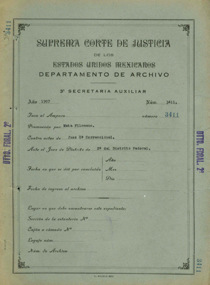 Portada del Toca al juicio de amparo 3411/1907 sin los datos
censurados. El expediente forma parte de Memoria del Mundo Nacional