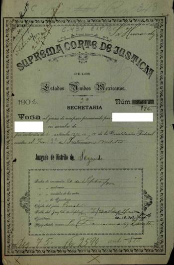 Portada del
expediente al que conduce el archivo PDF del expediente 2675/1902, los nombres de la parte quejosa han sido censurados