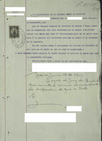 Detalle de
la demanda de amparo del expediente 1528/1901 donde se censura el nombre de
Filomeno Mata, promovente del amparo 

 