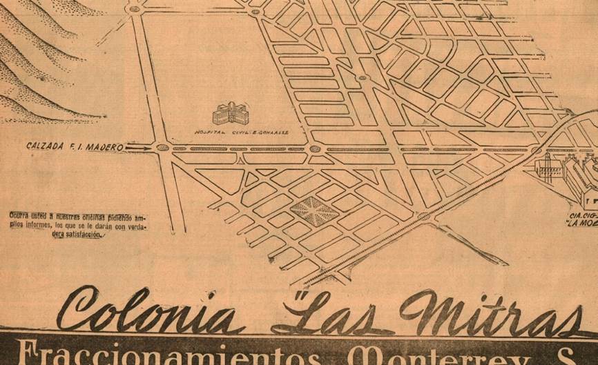 Croquis promocional de la Colonia Mitras en la década de
1940. Se aprecia el Hospital Civil como atractivo de urbanización y su terreno
colindante aún despejado